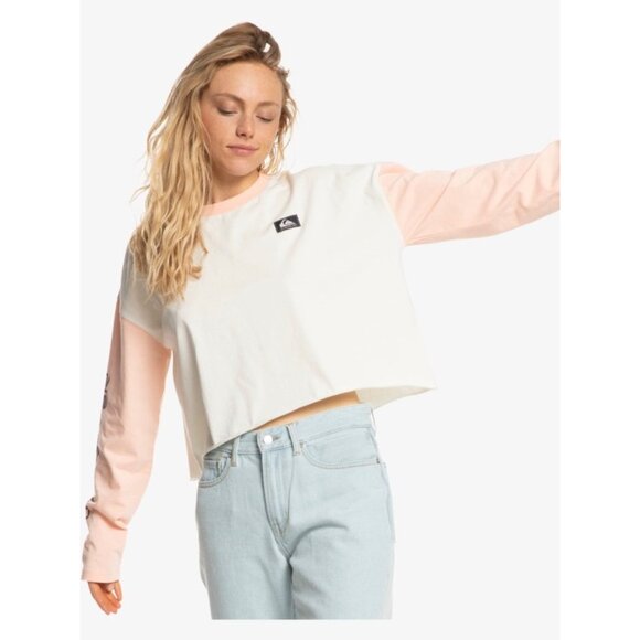 QUIKSILVER Cold Waves Crop Tee Sz  S White Pink Colorblock Logo Organic Cotton - Picture 5 of 16